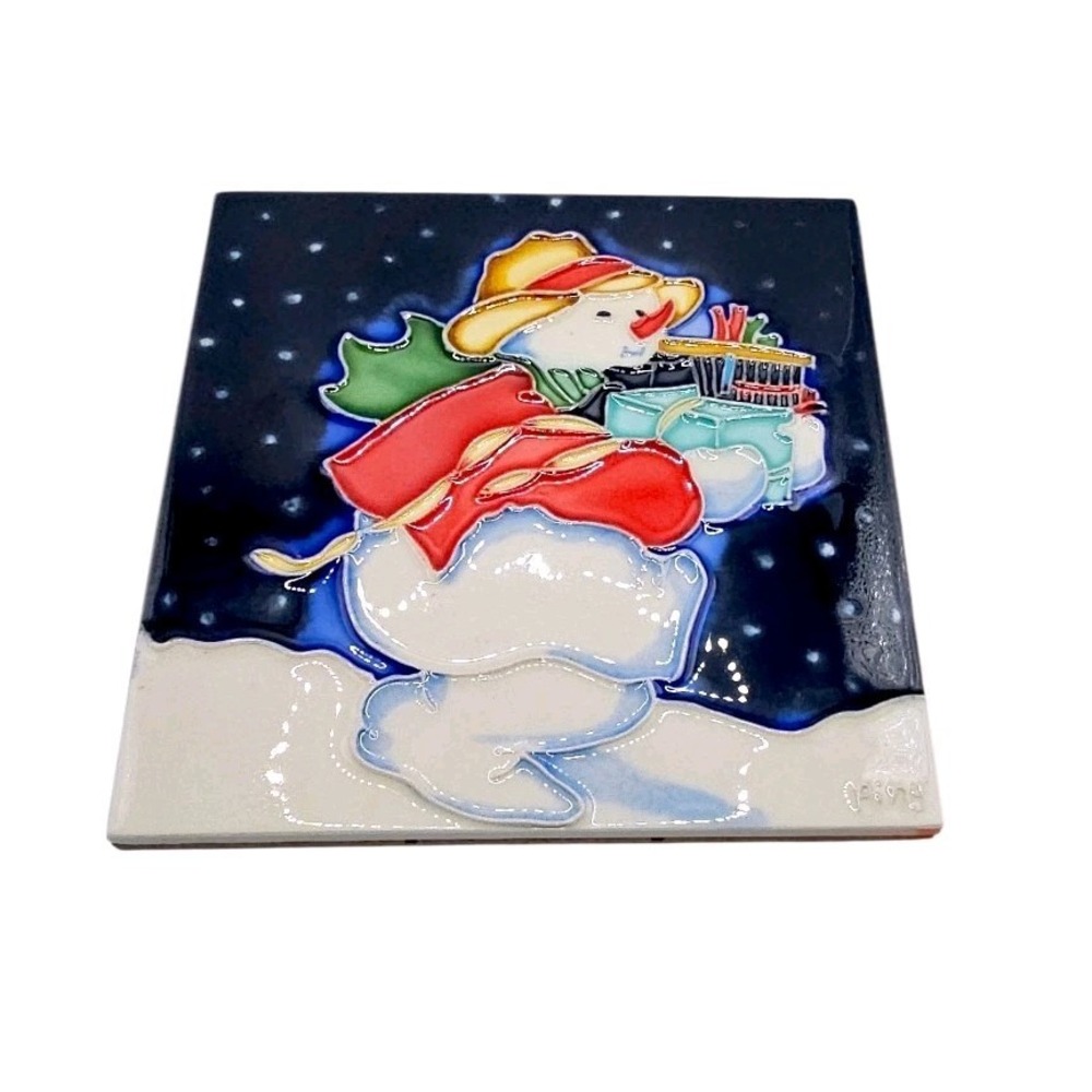 Ping 6" X 6" Christmas Snowman Carrying Gifts Ceramic Tile Trivet By Mary Parker